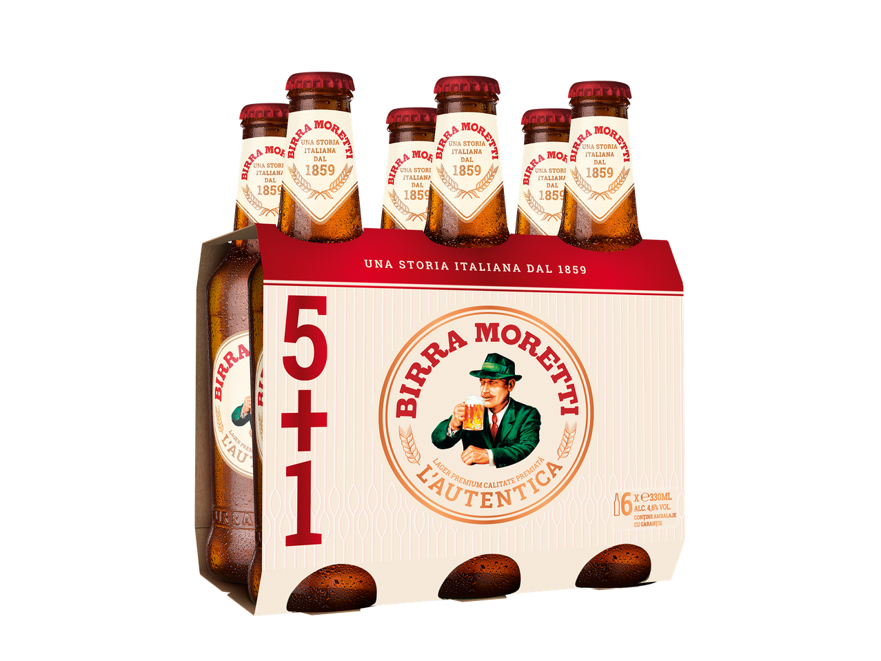 Șase sticle de bere lager într-un ambalaj promoțional 5+1, cu etichete tradiționale.