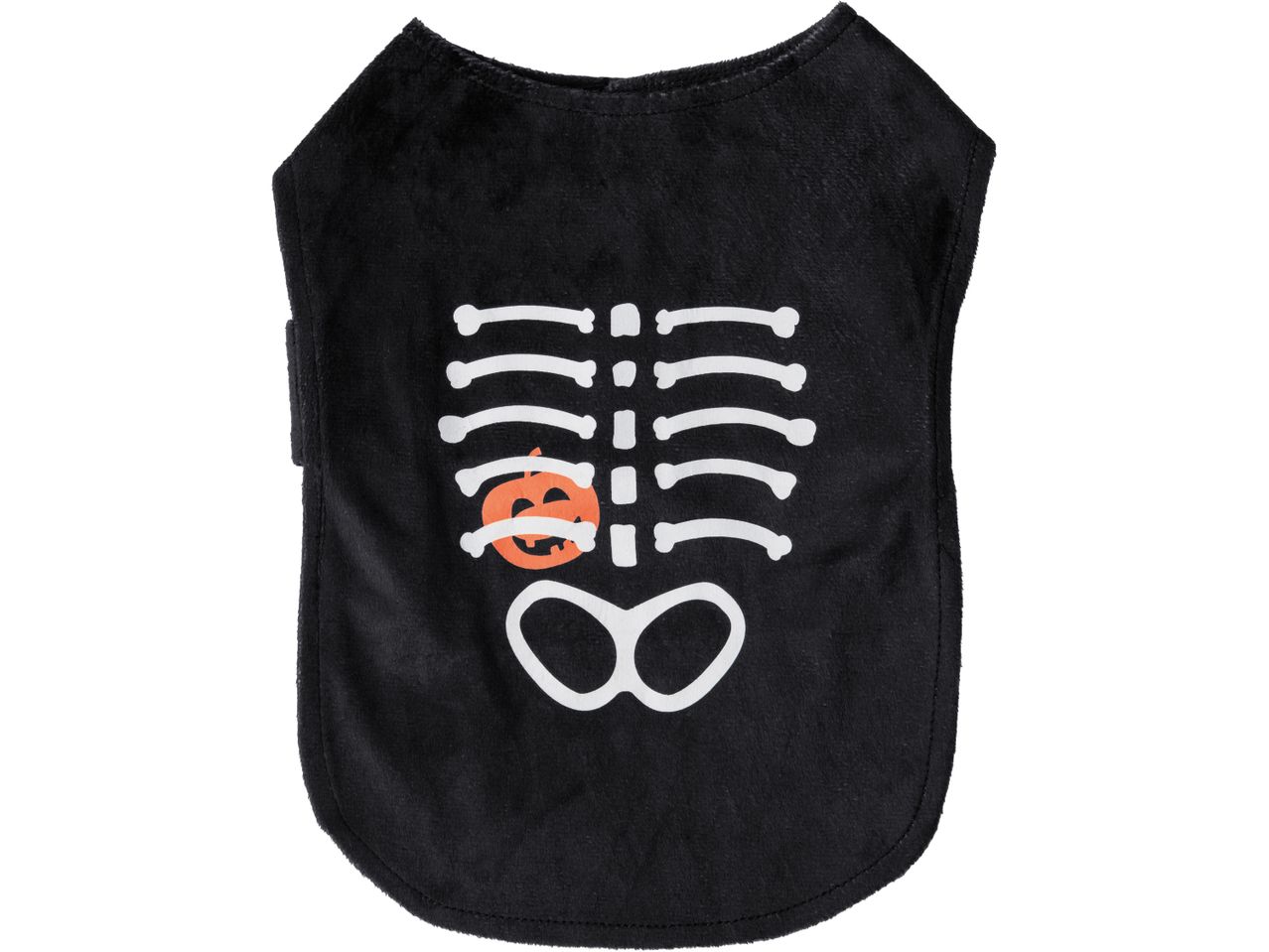 Black pet costume with a white skeleton and orange pumpkin design