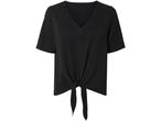 Blusa nera a nodo, maniche corte, scollo a V.