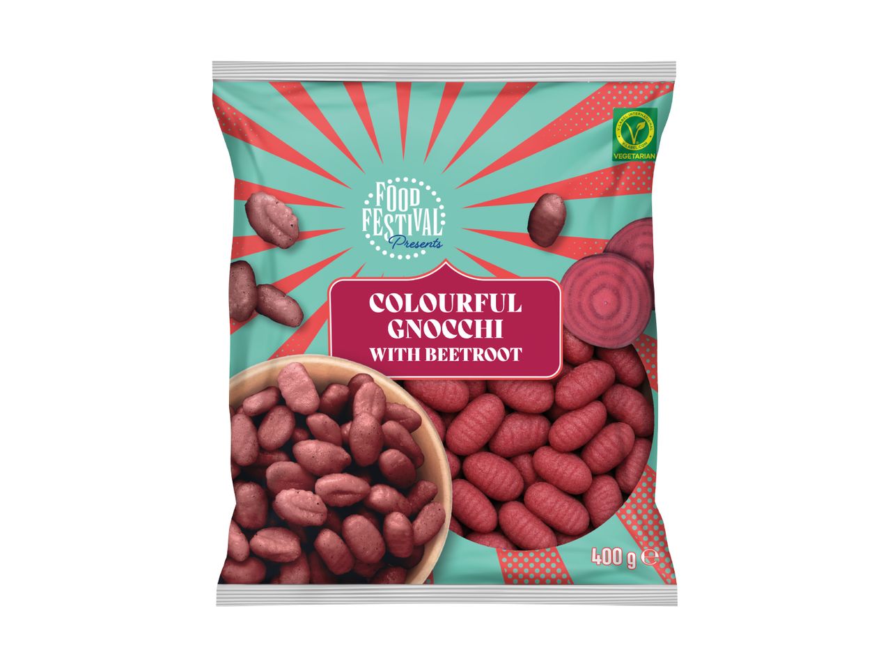 Colorful gnocchi with beetroot in a bag, featuring a vegetarian label and 400g weight.