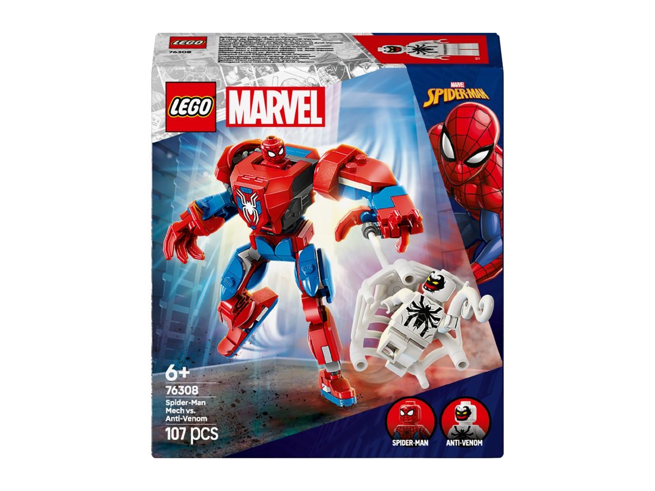 Toy box featuring a red and blue mech suit, a white anti-venom figure, and Spider-Man artwork.