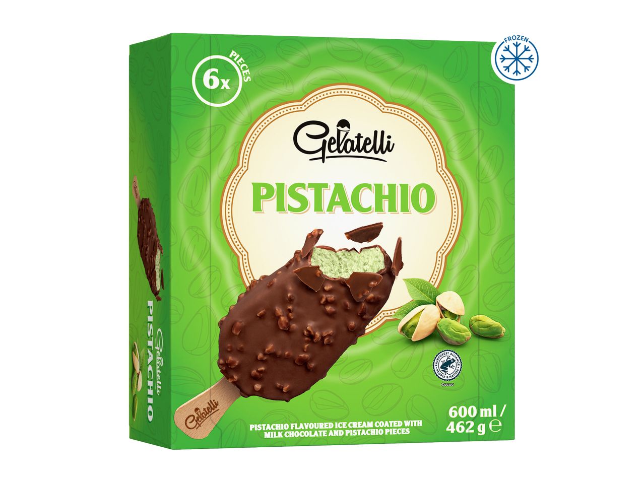 Pistachio ice cream bars with chocolate and pistachio pieces, 6-pack, 600ml/462g