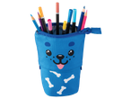 Estojo azul com motivo de cão cheio de lápis de cor e canetas de gel