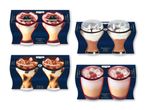 Fire pakker isdesserter, herunder Zabaglione Cherry, Tiramisu og Chocolate & Cream.