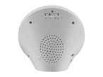 Back view of a white wake-up light with speaker holes and control switches