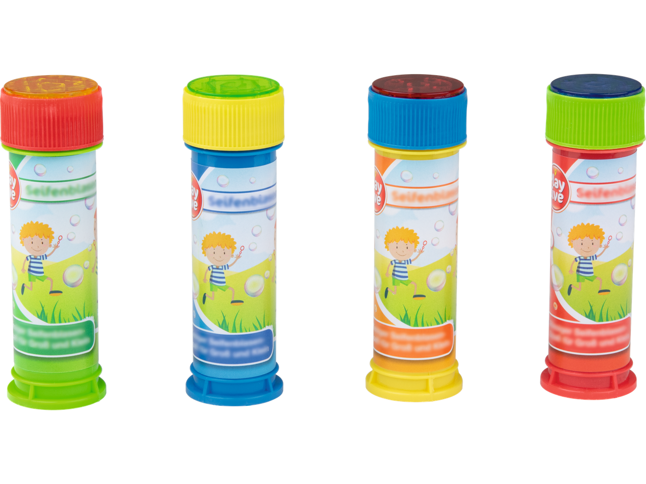 Patru flacoane de baloane de săpun PLAYTIVE cu capace colorate și un copil jucându-se.