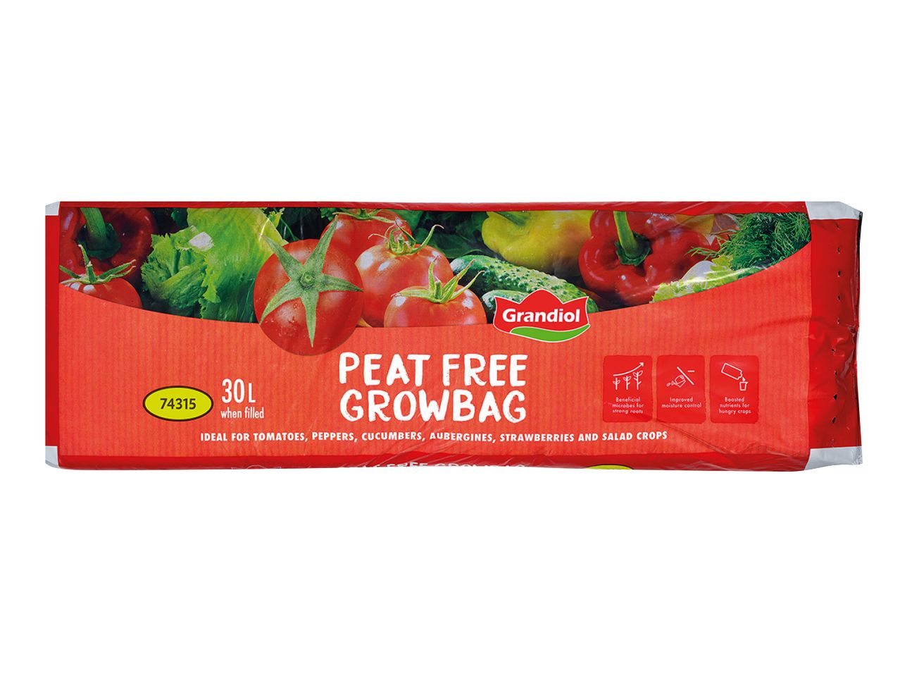 A peat-free growbag for tomatoes, peppers, cucumbers, aubergines, strawberries, and salad crops.