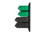 Wall-mounted storage bins in green and black, organized vertically.