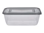 A clear rectangular food storage container with a gray lid.