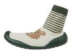 A baby sock shoe with a green sole and a brown animal face design.