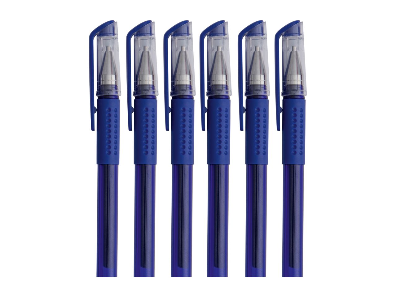 Six blue gel pens with clear caps and textured grips, arranged vertically.