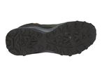 The bottom of a dark green hiking shoe with a rugged black sole.