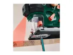 A jigsaw with a laser guide cutting a piece of wood.