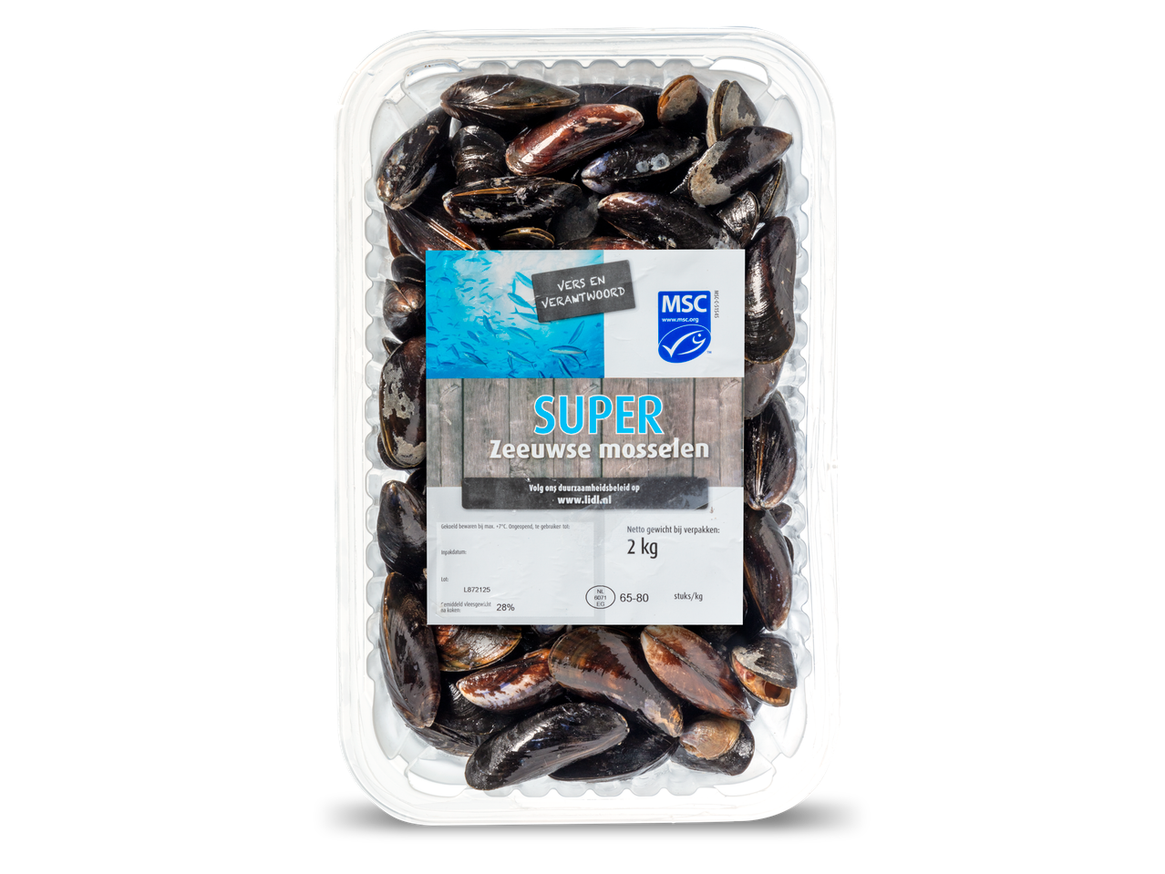 Een 2kg verpakking Super Zeeuwse mosselen van Lidl, MSC-gecertificeerd.