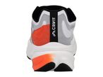 Rear view of a white and orange running shoe with a black heel tab.