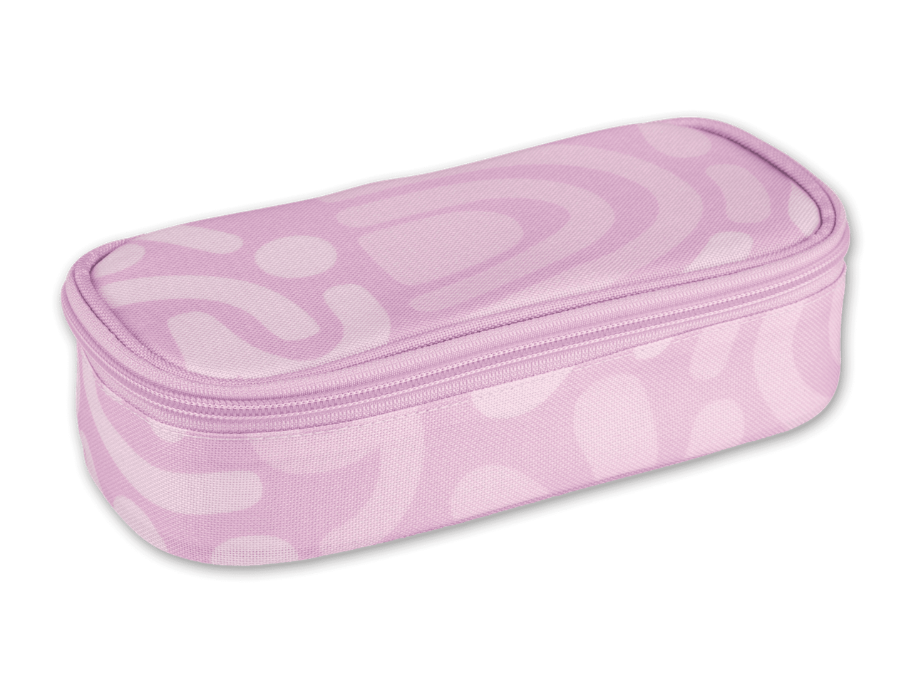 Lila Federmäppchen mit abstraktem Muster.