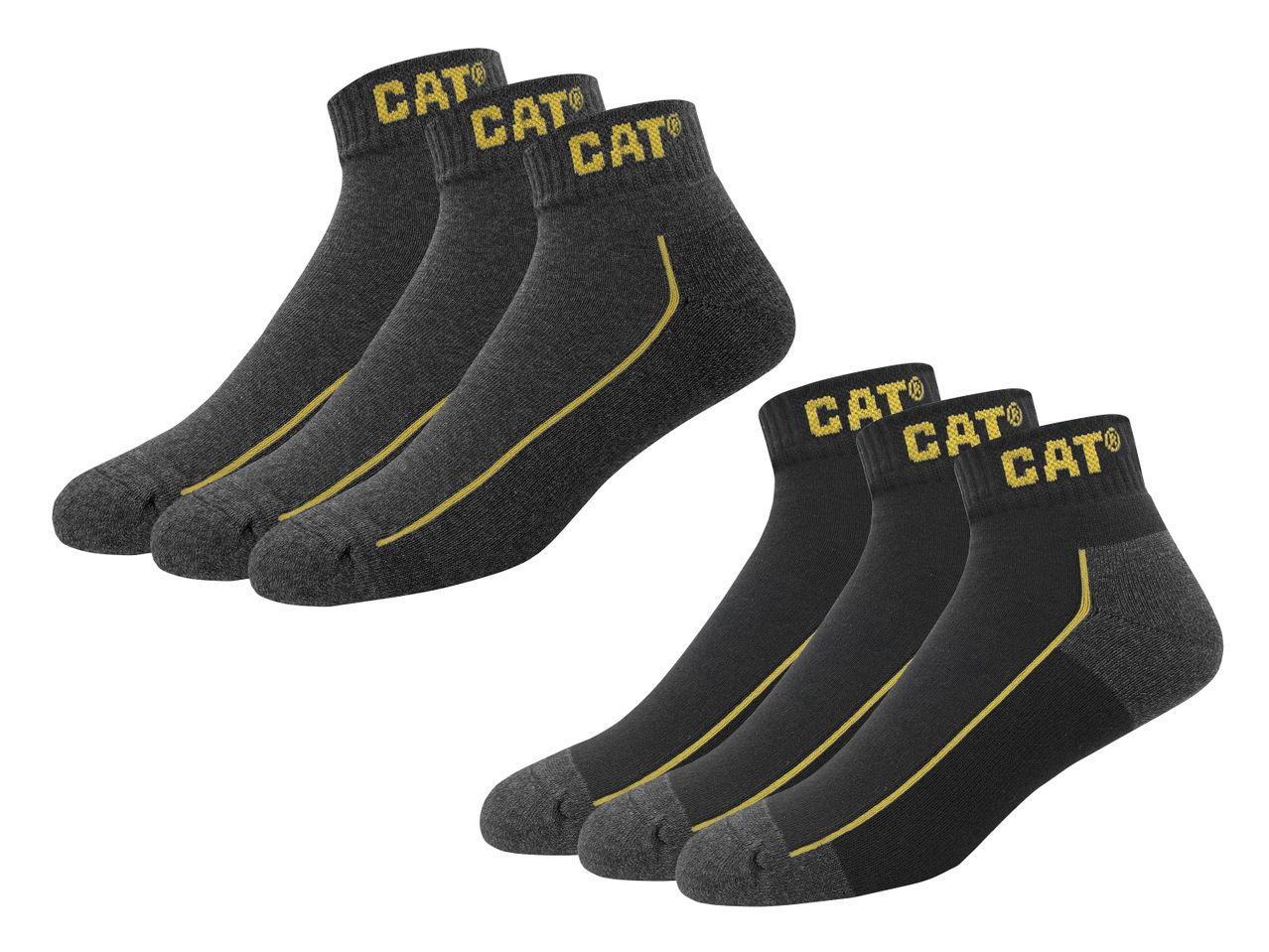 Sechs Paar dunkelgraue Socken mit gelbem Streifen und gelbem Schriftzug.