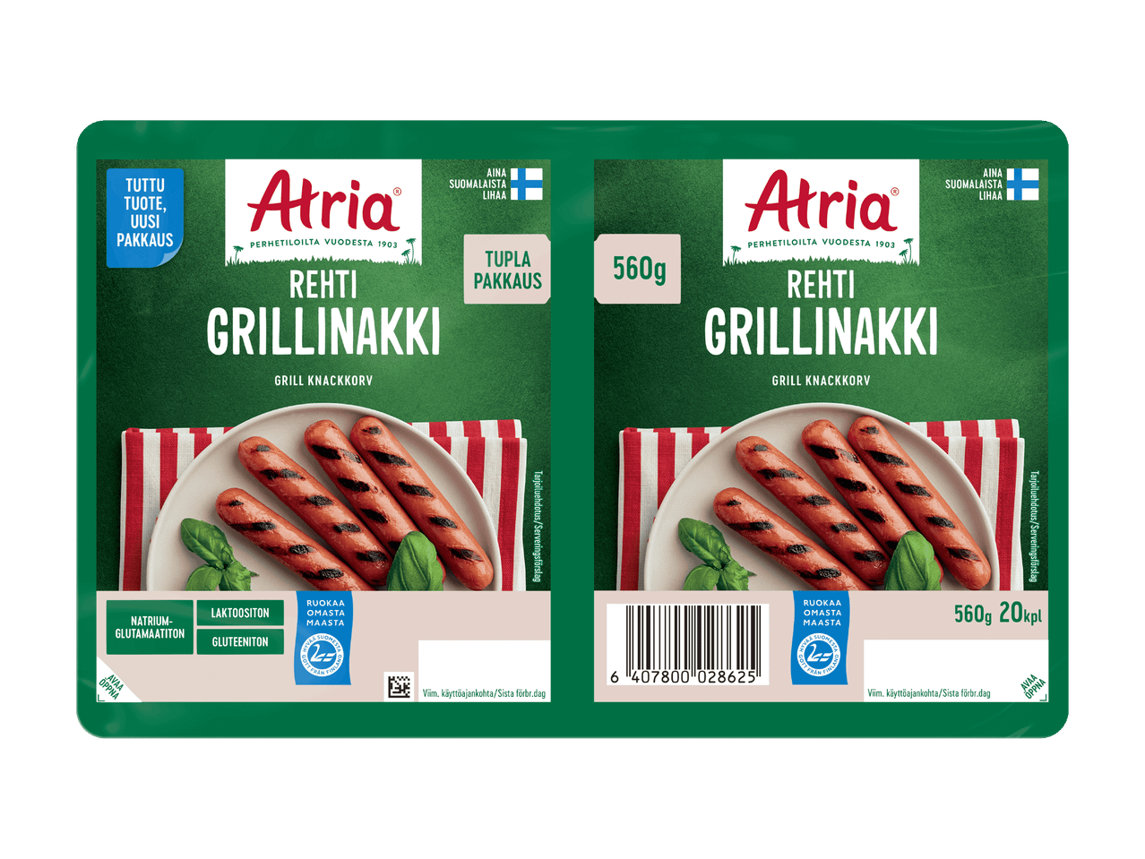 Kaksi pakkausta grillimakkaroita vihreällä taustalla.
