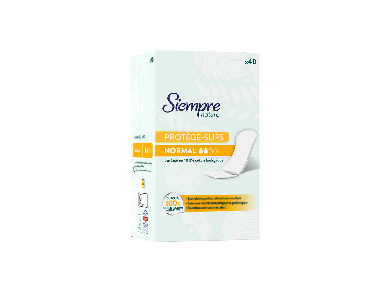 Boîte de protège-slips Siempre Nature en coton biologique, 40 unités, protection anti-fuite.