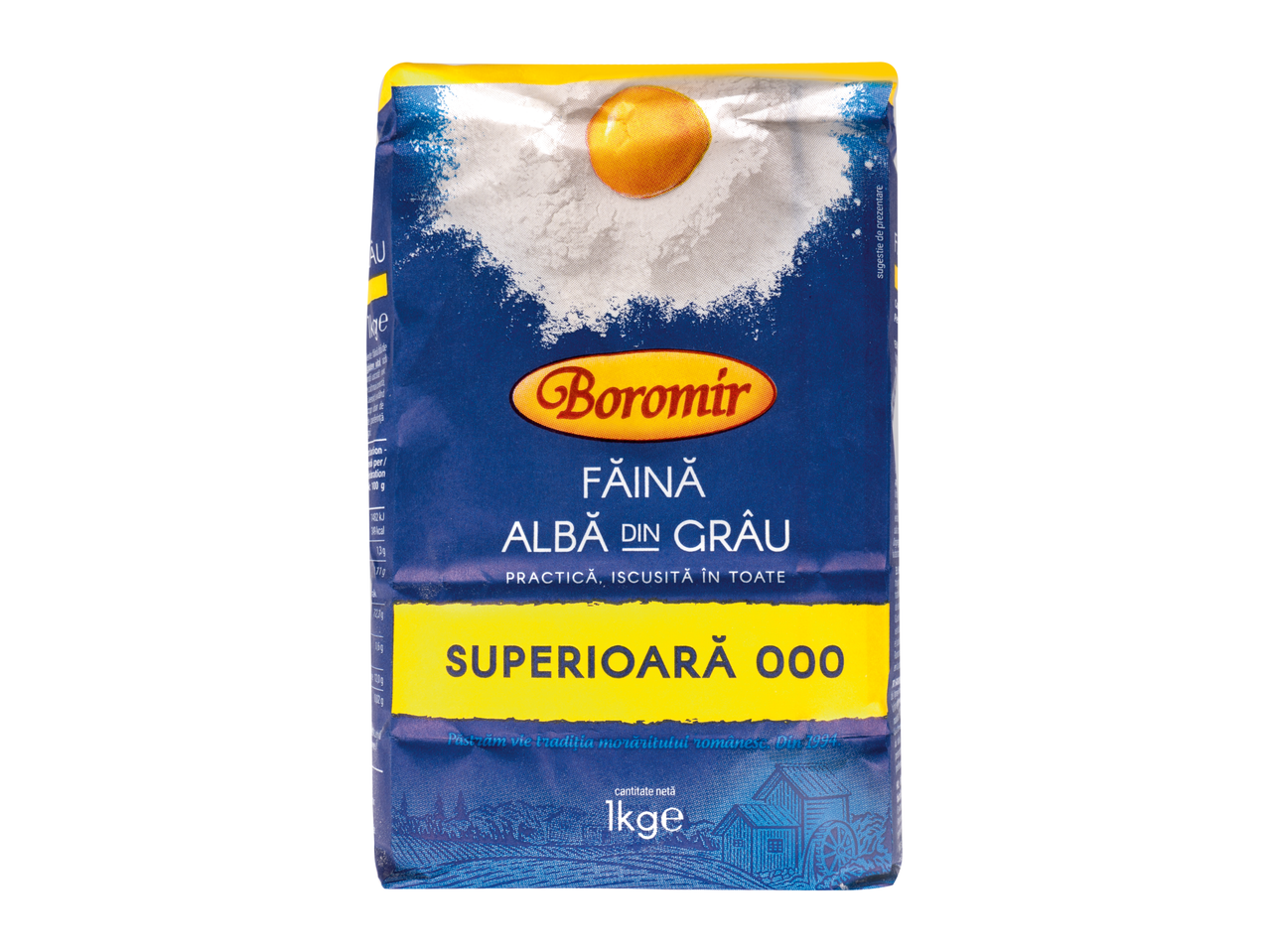 Făină albă de grâu Boromir, superioară 000, ambalaj de 1kg.