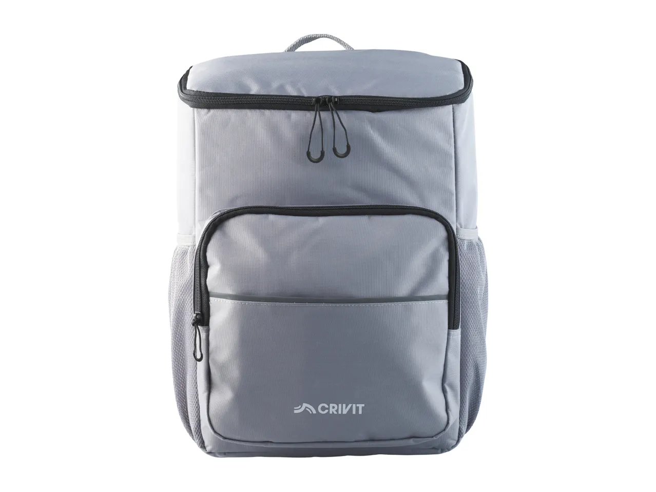 Grey insulated backpack with front pocket and mesh side pockets