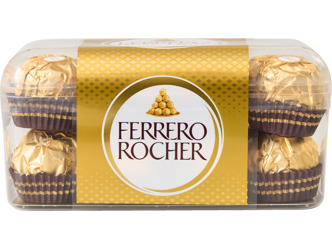 Ferrero Rocher šokolādes konfektes caurspīdīgā dāvanu kastītē.