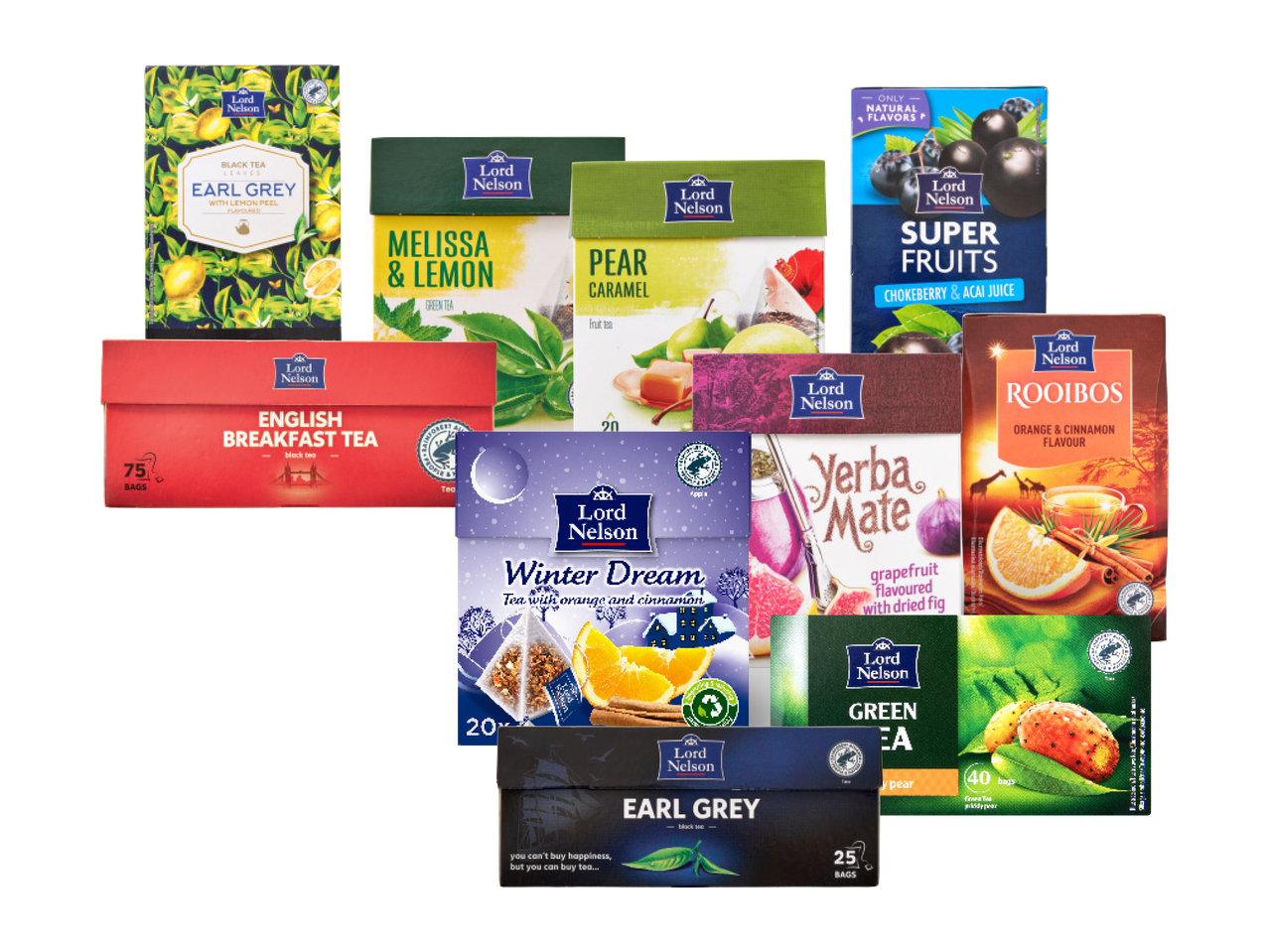 Lord Nelsoni teekollektsioon, sealhulgas Earl Grey, English Breakfast, Melissa & Lemon, Pear Caramel, Super Fruits, Rooibos, Winter Dream, Yerba Mate ja Green Tea.
