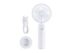 White portable fan with charging cable and stand.