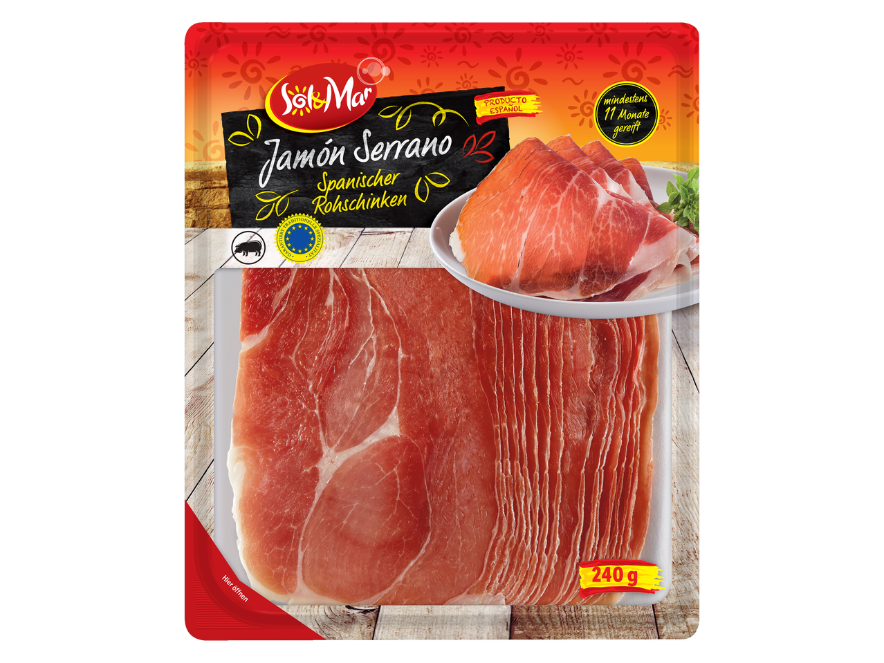 Sol&Mar Jamón Serrano: 240g spanischer Rohschinken, mindestens 11 Monate gereift.