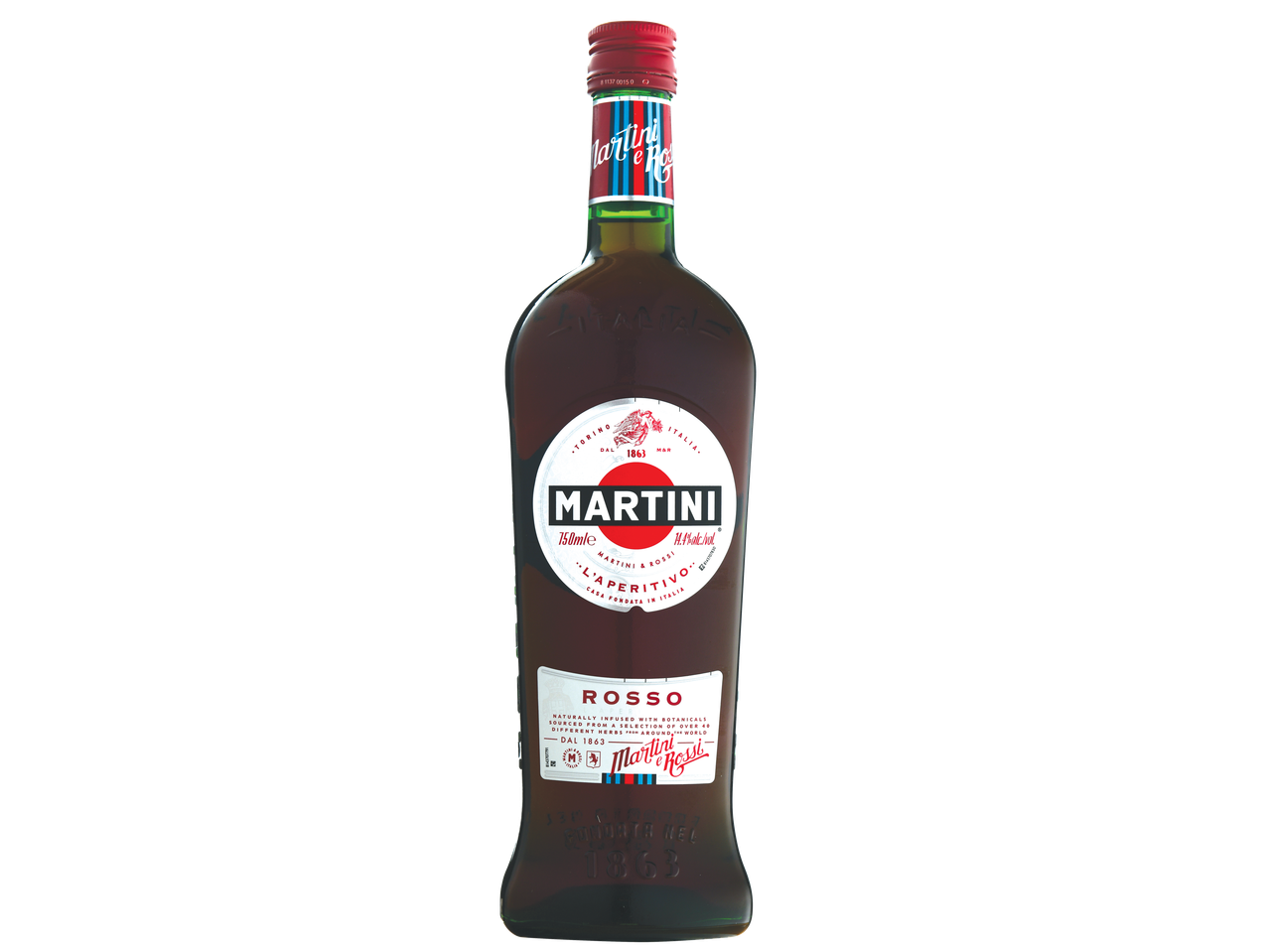 Garrafa de vermute Martini Rosso com rótulos e detalhes.
