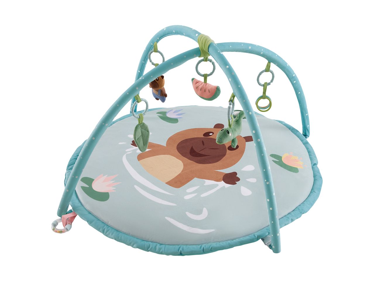 Baby activity gym with a playmat featuring a swimming otter and hanging toys.