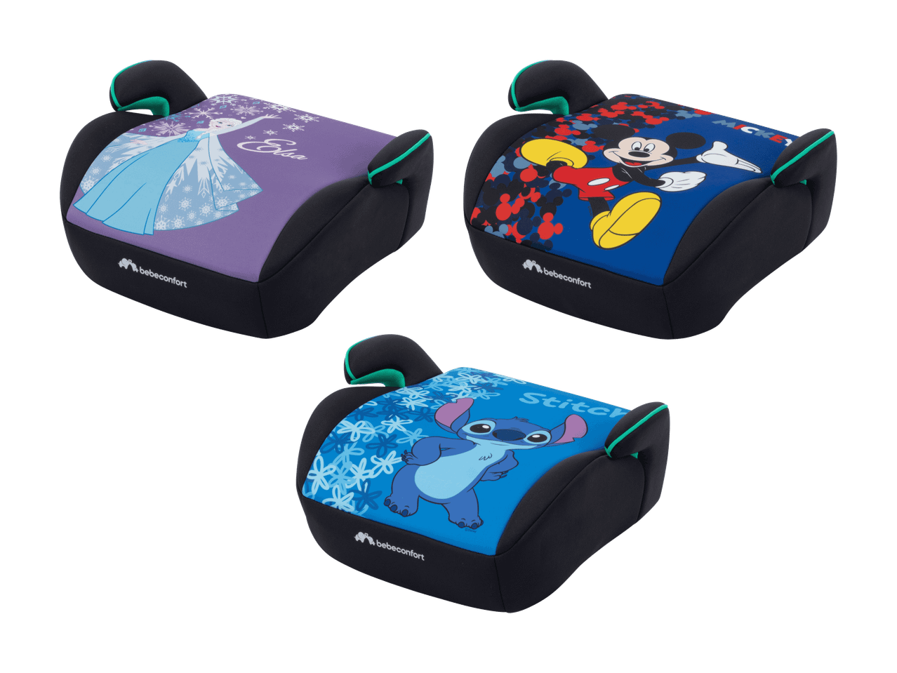 Trois rehausseurs de voiture pour enfants avec les personnages Disney Elsa, Mickey et Stitch.