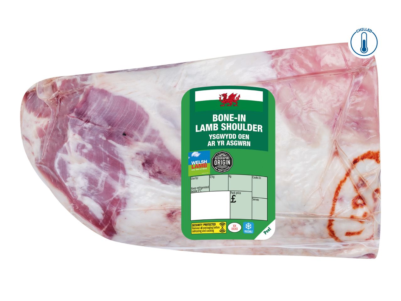Chilled bone-in lamb shoulder with a Welsh lamb label and geographic origin protection.