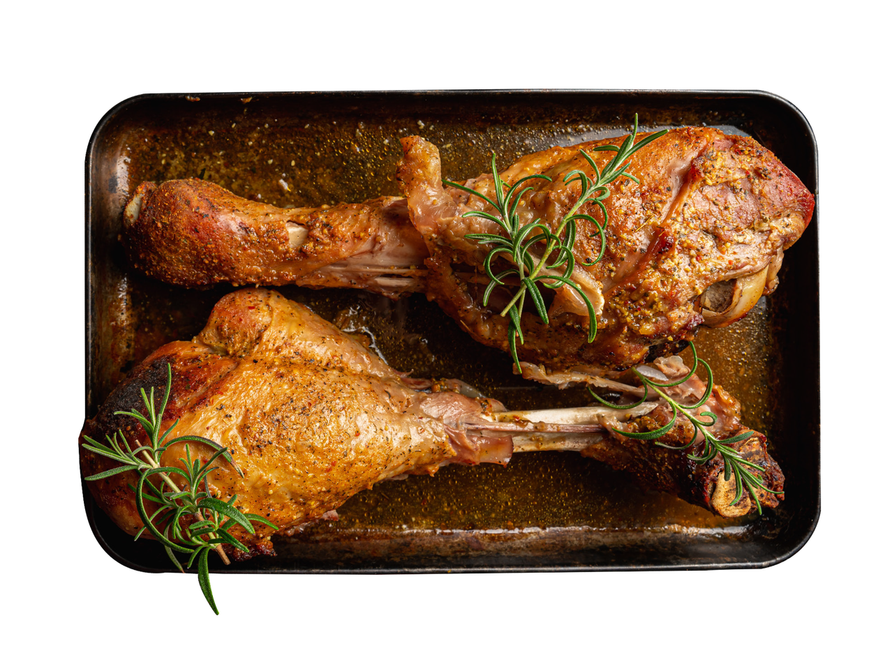 Divas ceptas tītara kājas ar rozmarīnu cepamtraukā