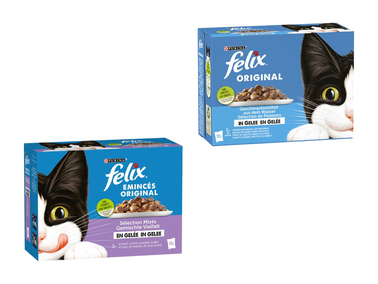 Deux boîtes de nourriture pour chat Felix, saveurs poulet et lapin.