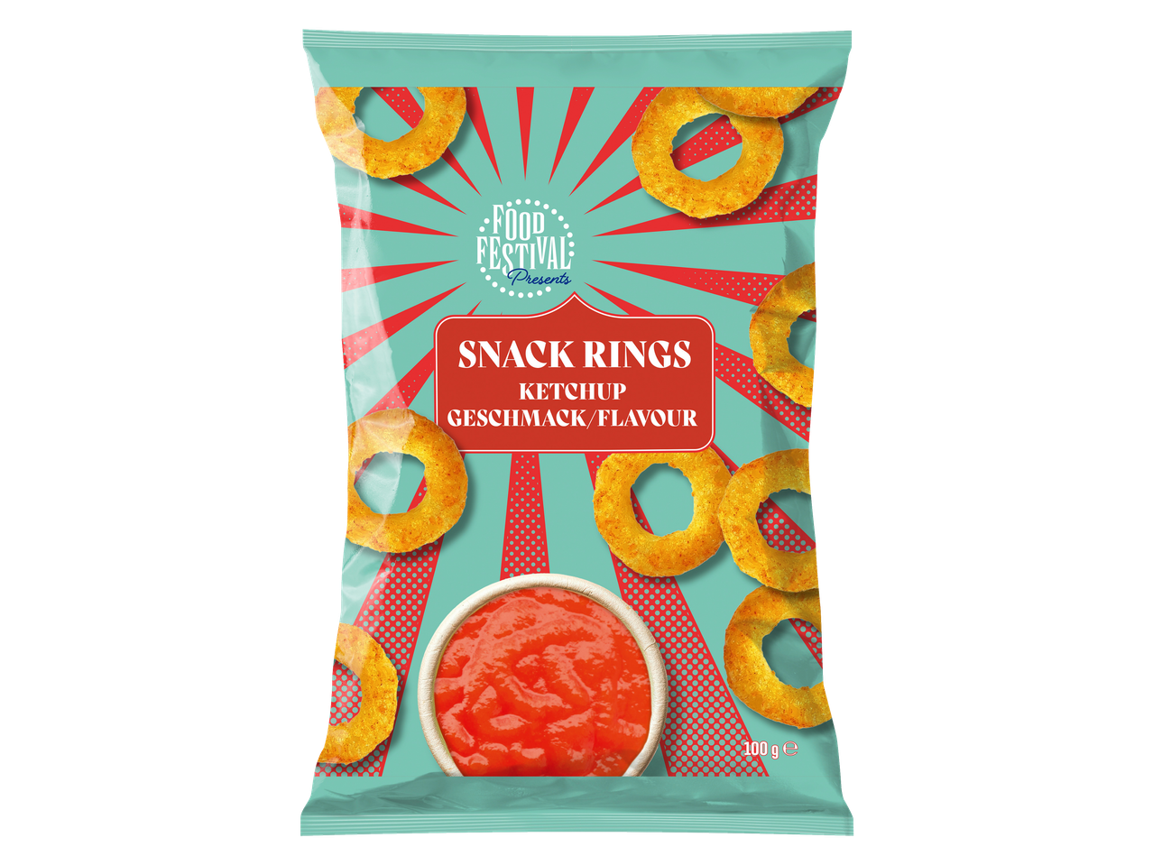 FOOD FESTIVAL Snack Rings ketchupsmaak, in een turquoise verpakking met snackringen en dip.