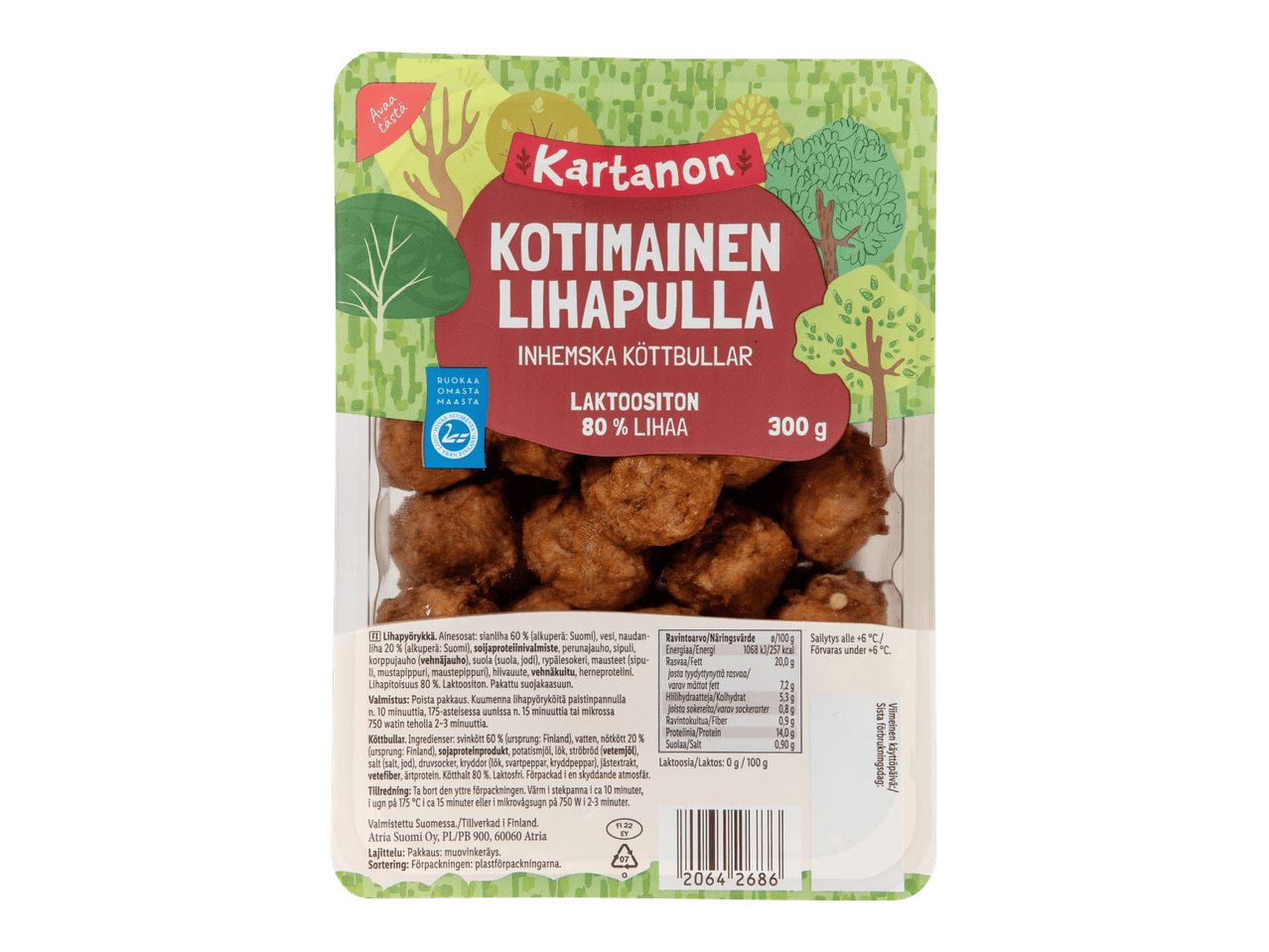 Kartanon laktoosittomat lihapullat (80% lihaa), 300g pakkaus.