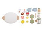 Wooden toy tea set with tray, cups, tea bags, desserts, and lemon slices.