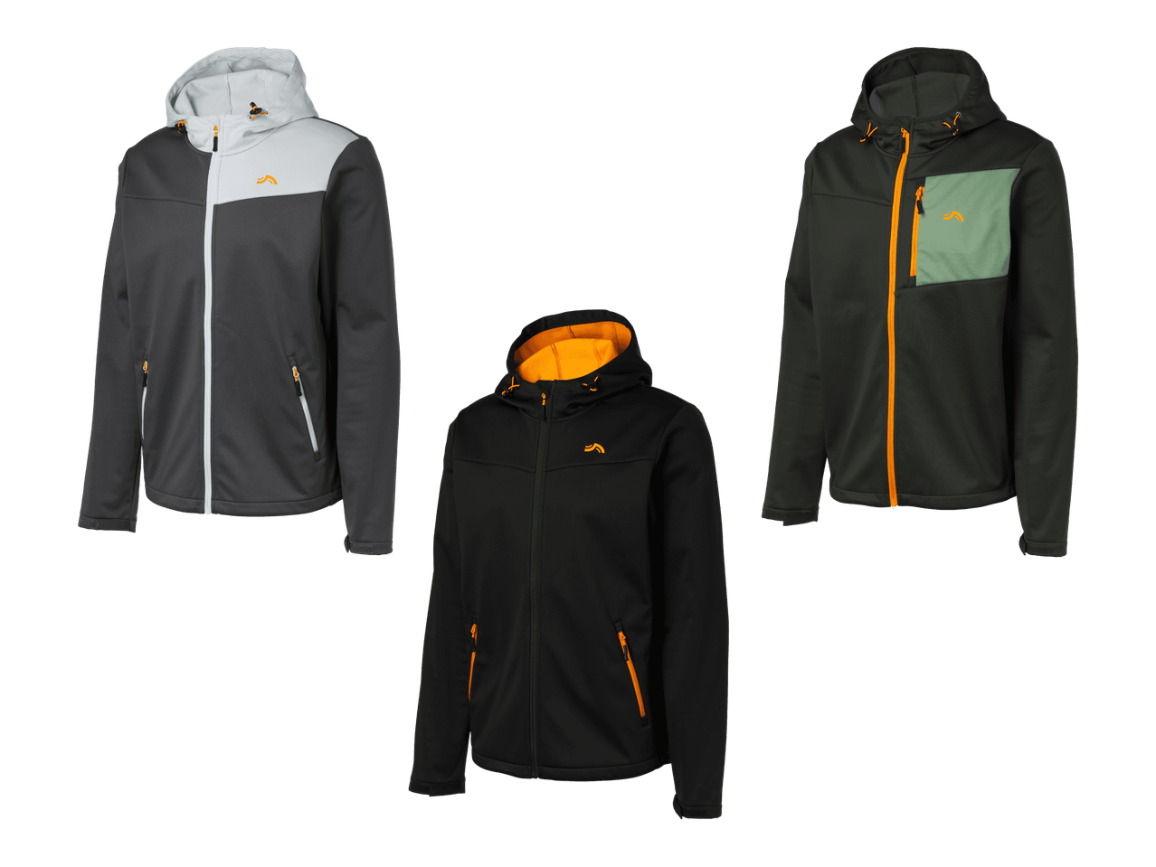 Kolme hupullista softshell-takkia: harmaa-valkoinen, musta-oranssi ja tummanvihreä-vaaleanvihreä.
