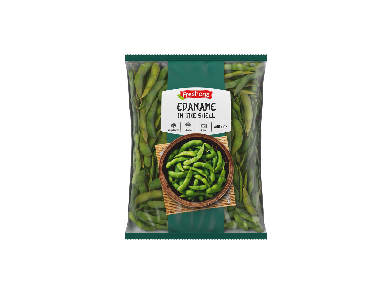 Freshona Edamame în Păstaie, o pungă de edamame congelate cu instrucțiuni de gătire.