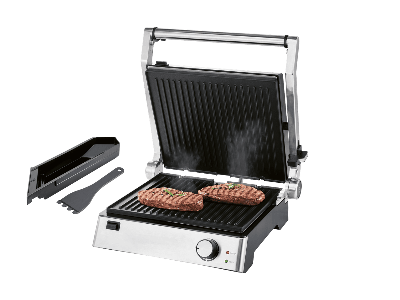 Grill de contact ouvert avec deux steaks en train de cuire, accompagné d'une spatule et d'un bac de récupération.