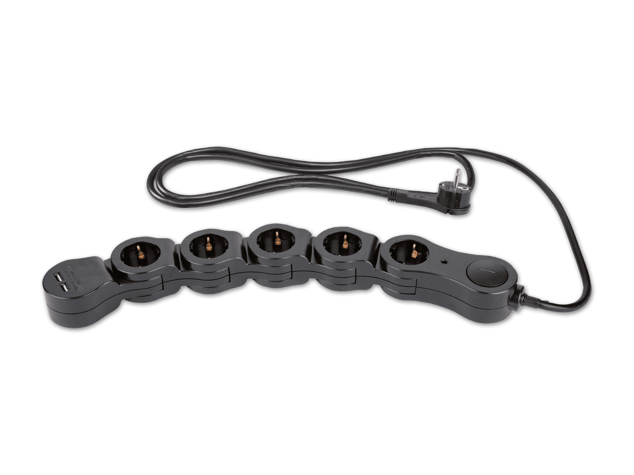 Eine schwarze Steckdosenleiste mit fünf Steckplätzen und zwei USB-Anschlüssen.