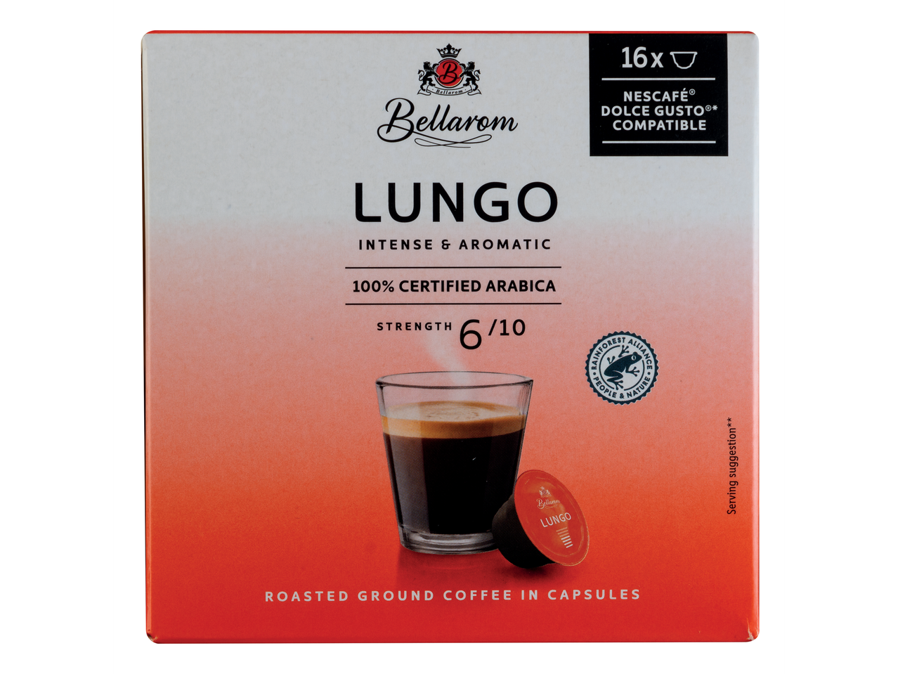 Cápsulas de café Bellarom Lungo, compatíveis com Nescafé Dolce Gusto.