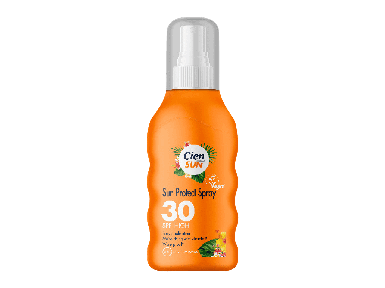 Narandžasti sprej za zaštitu od sunca sa SPF 30, sa natpisom 'Vegan' i tropskim cvećem.