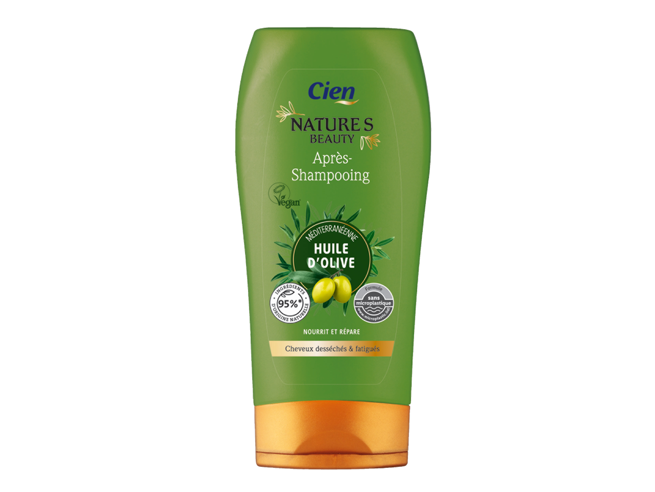 Après-shampooing Cien Nature's Beauty à l'huile d'olive méditerranéenne pour cheveux secs et fatigués.