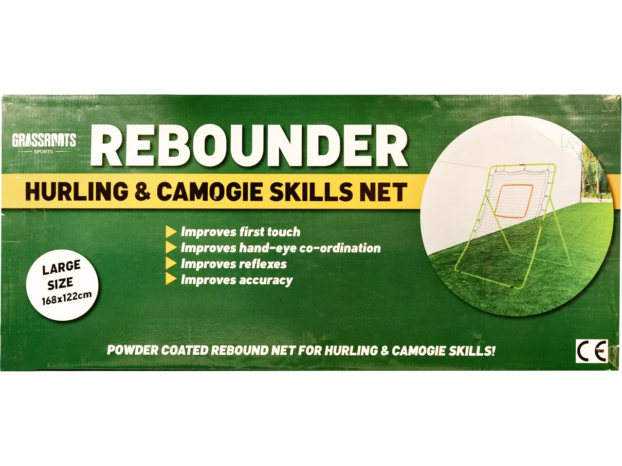 Rebounder net for hurling and camogie skills, large size 168x122cm, improves skills.