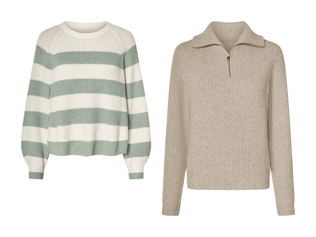 Zwei Pullover, einer weiß-grün gestreift und einer beigefarben mit Reißverschluss.