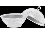 A white mesh food cover and bowl are shown, separated and angled slightly.