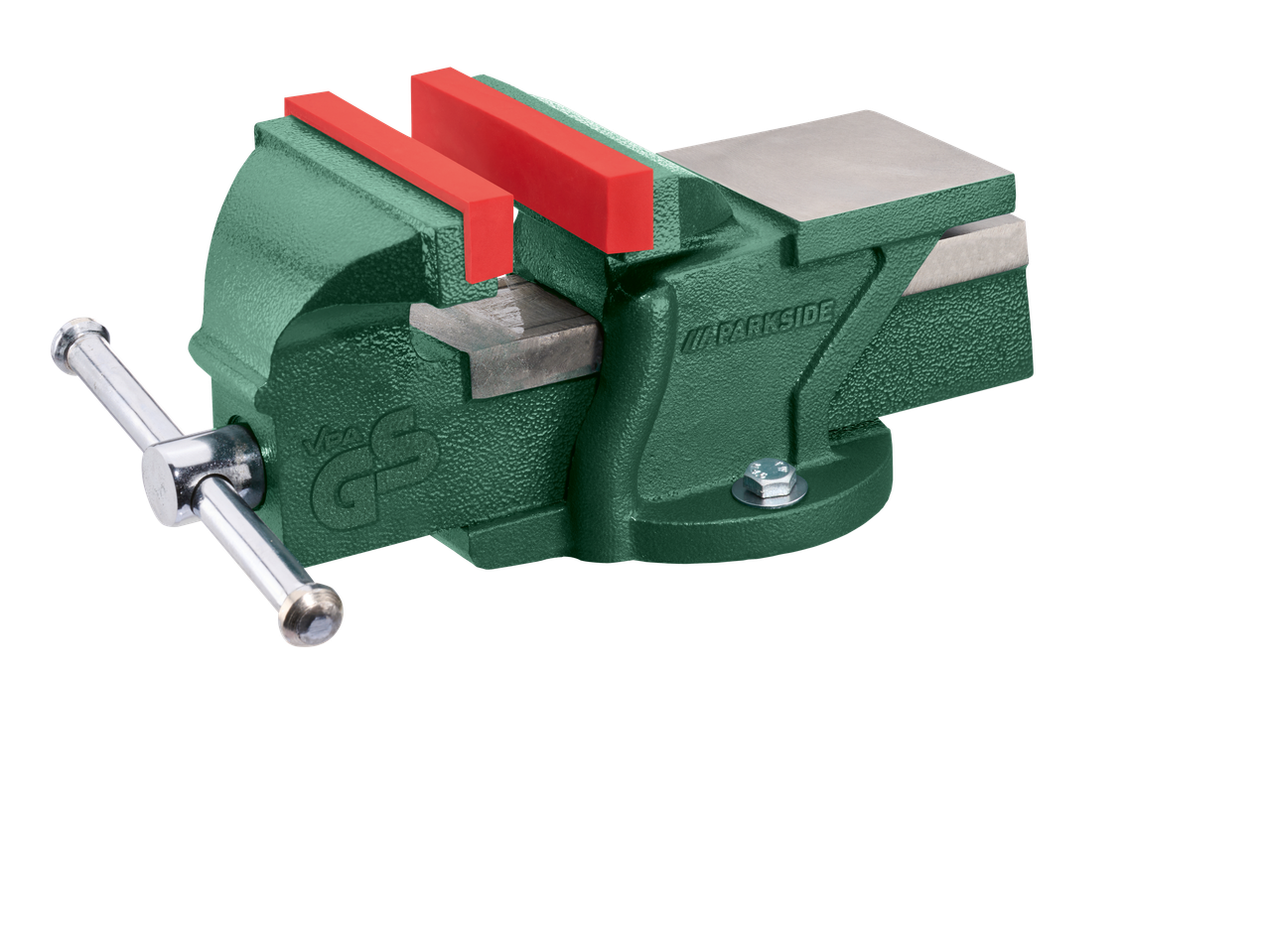 A Parkside bench vise with red protective jaw inserts.