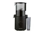 Black slow juicer with a transparent top and a juice collection cup on a white background.